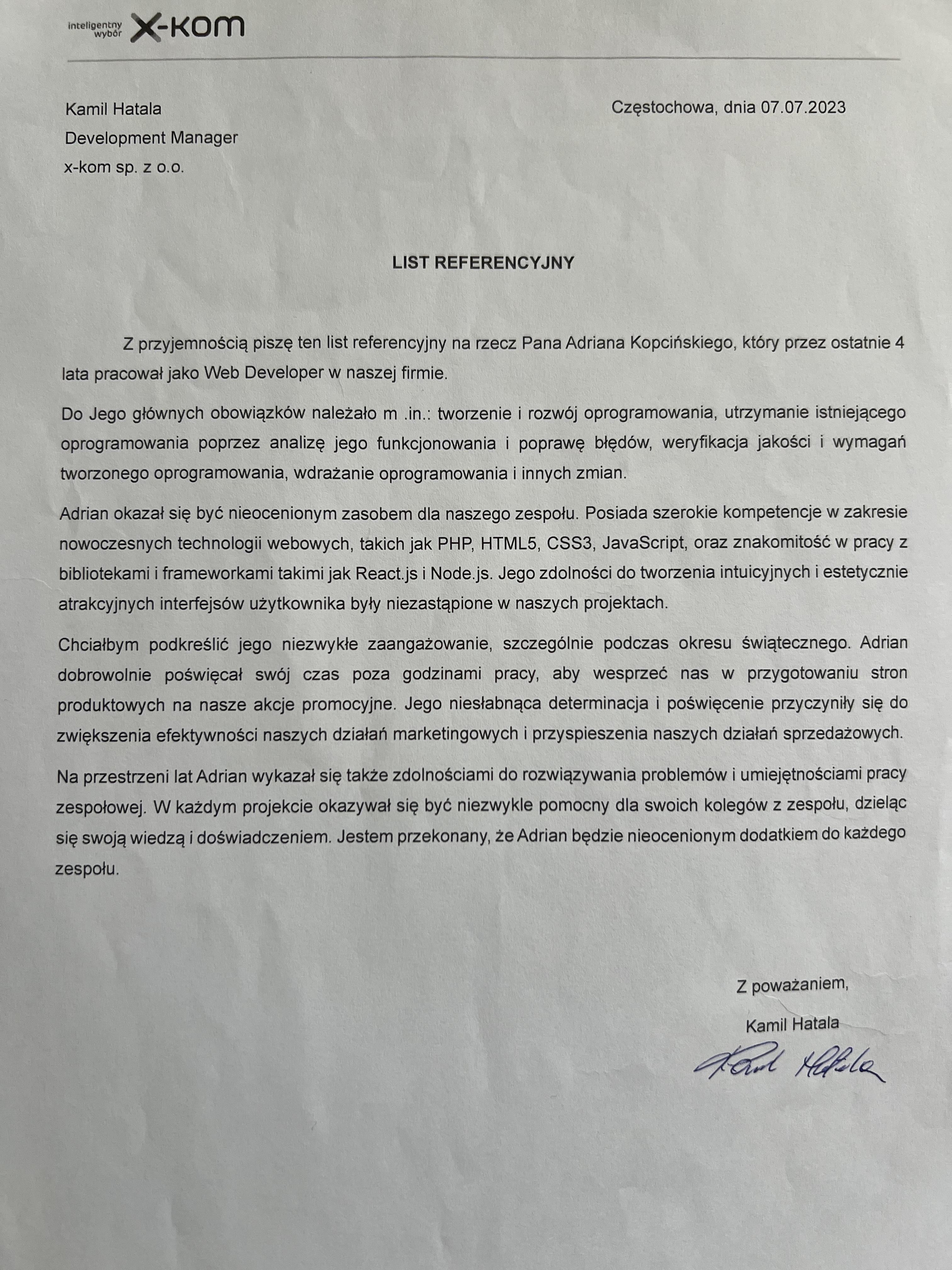 Referencje od X-Kom dla KvantCode